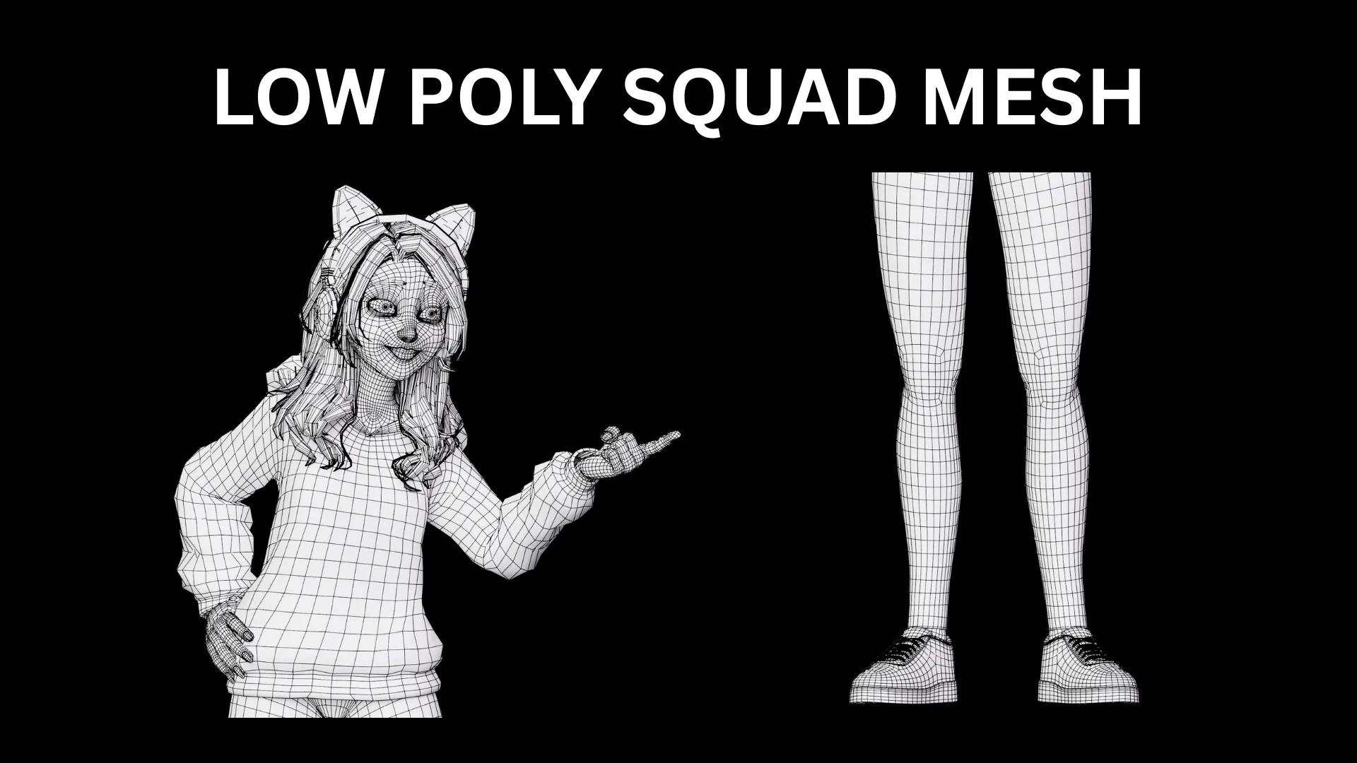 Low-poly quad topology 3D Gamer Girl White Woman character wireframe